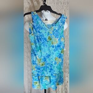 Plaza South Blue and Green Sleeveless Floral Top And Skirt Set